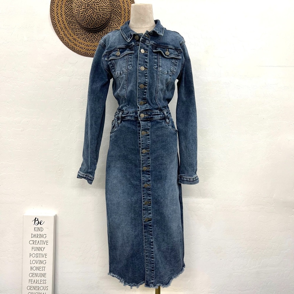 Wash Lab Piece Dyed Denim Dress Womens L Blue Button Up Frayed Slit Hem Pockets